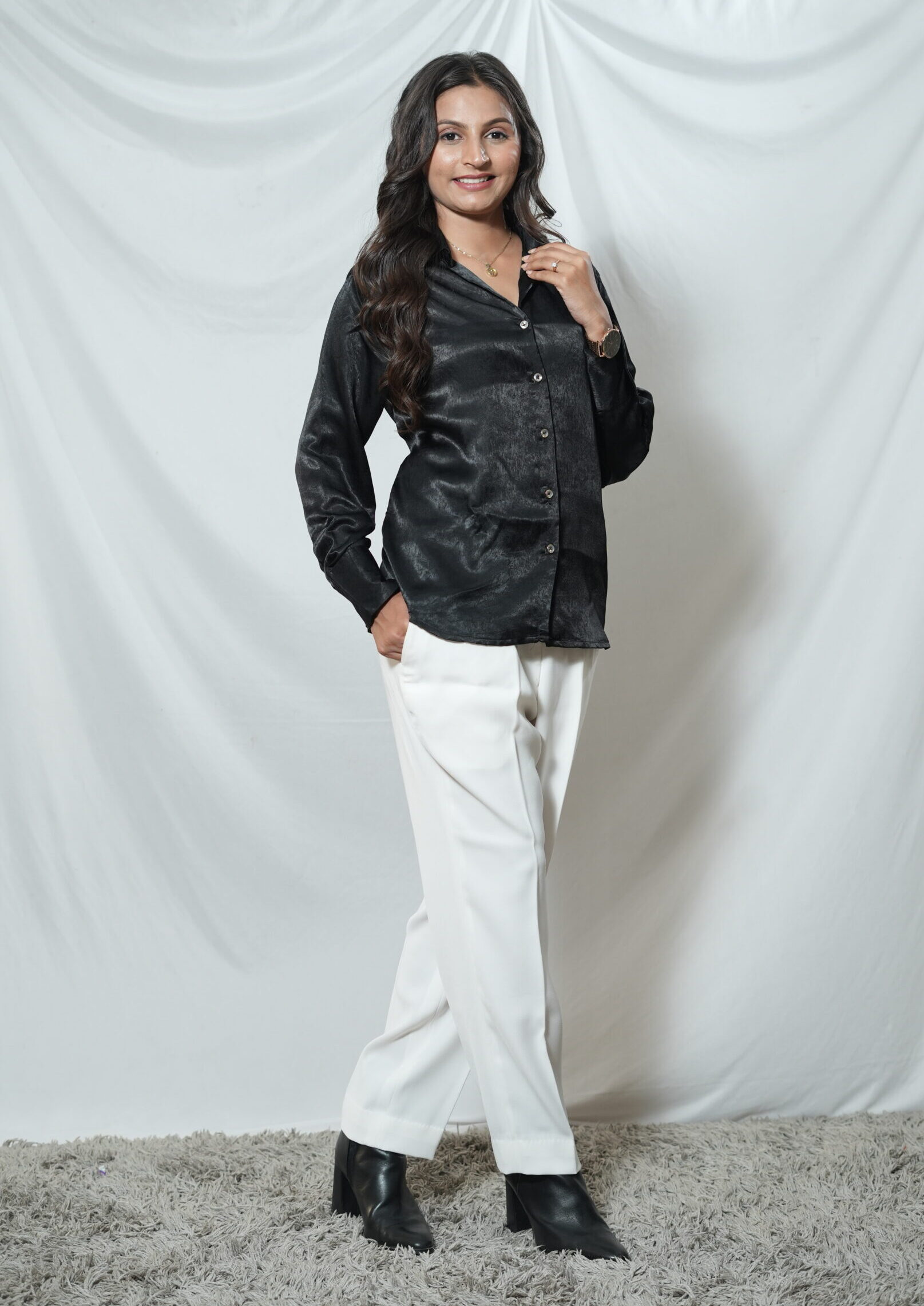 Pinkmink-Black Velvet Satin Shirt